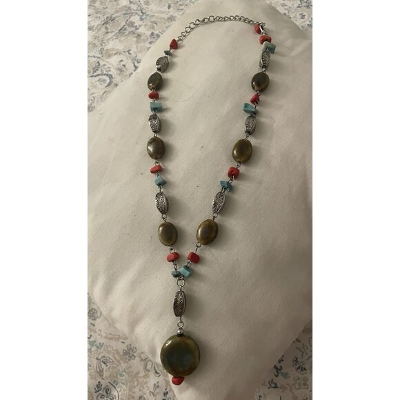 Vintage Beaded Necklace Red And Turquoise Beads Pendant - Picture 5 of 6